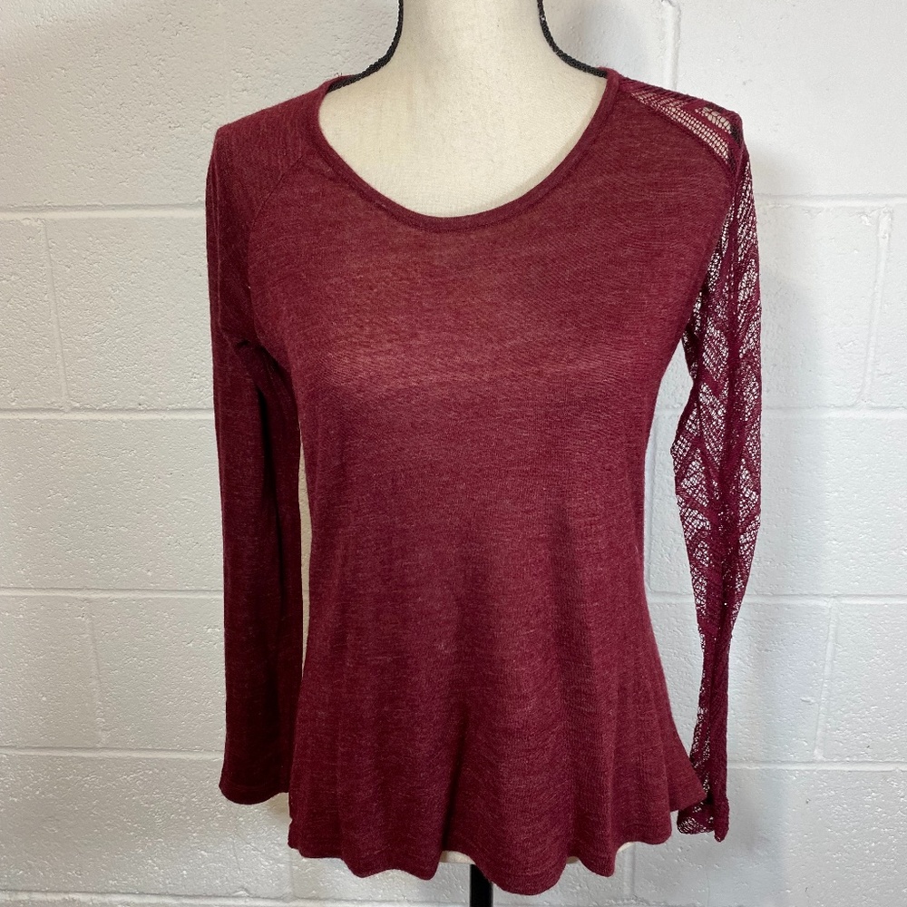 Zara W&B Collection Lace & Knit Long Sleeve Burgundy Top
